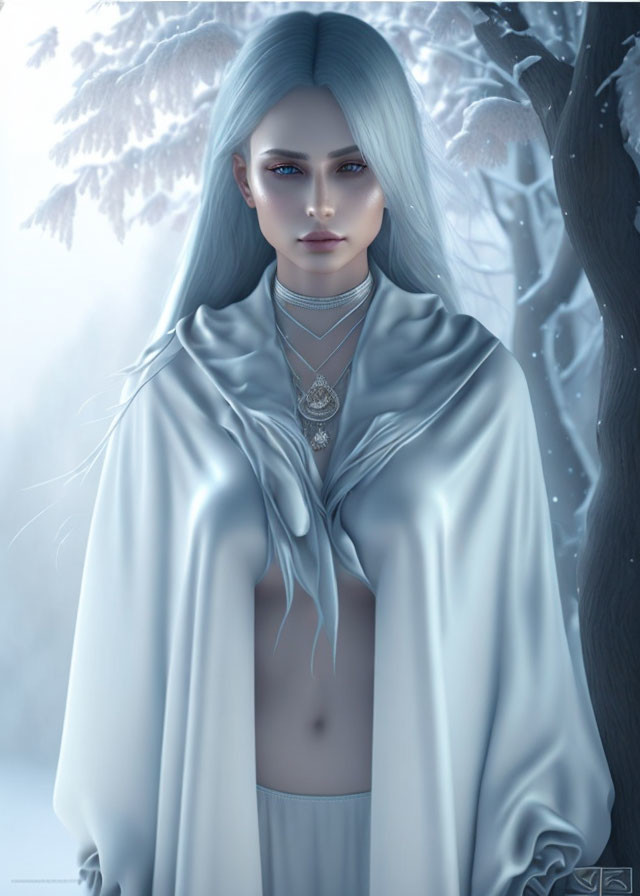 Digital art portrait of figure with pale blue hair and eyes, silver necklace, white cloak, snowy forest