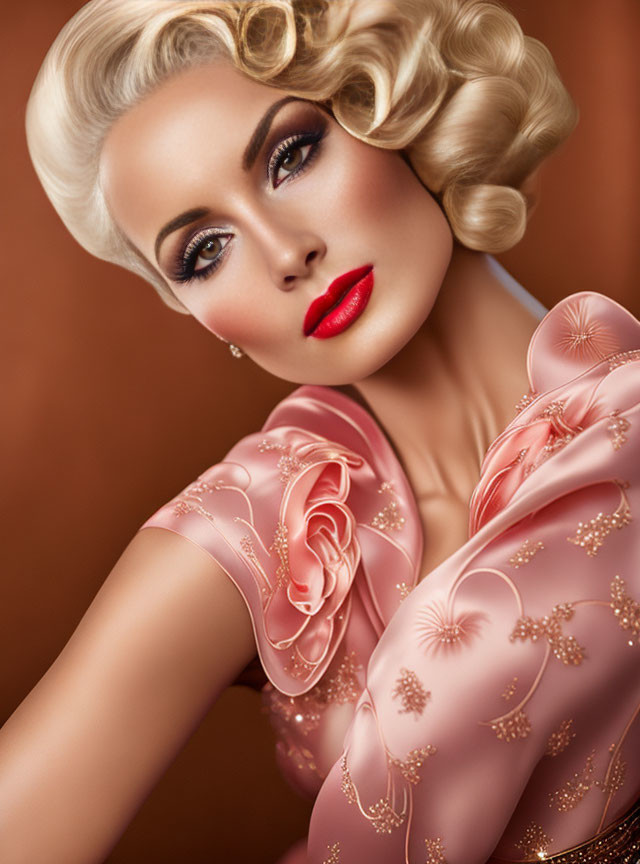 Vintage Blonde Woman in Elegant Pink Dress with Red Lipstick