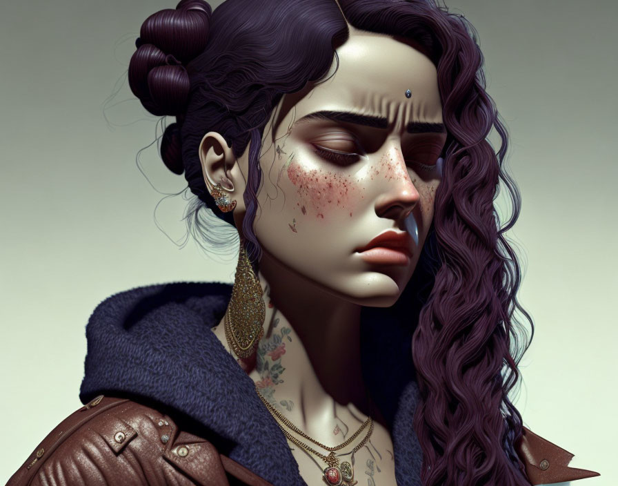 Purple-haired woman with facial tattoos and nose ring in brown jacket - Illustration