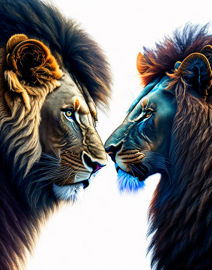 Illustration of two lions: one natural, one in cool blue tones