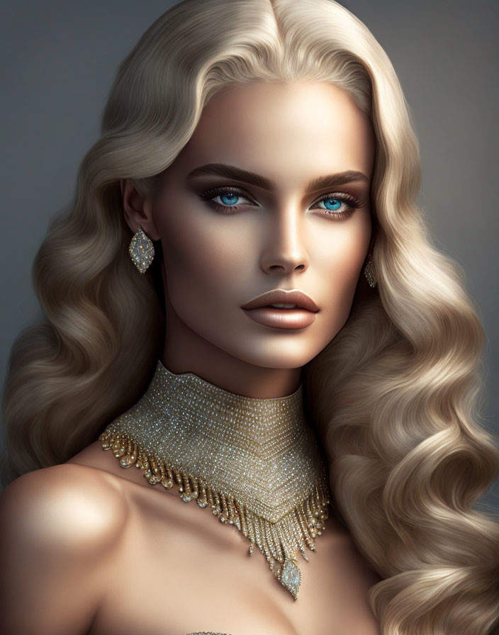 Portrait of Woman with Flowing Blonde Hair and Striking Blue Eyes in Elegant Jewelry