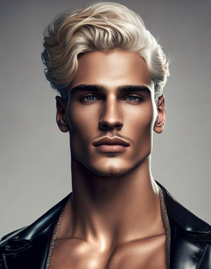 Digital artwork: Man with platinum blonde hair, blue eyes, sharp features, in a black leather jacket