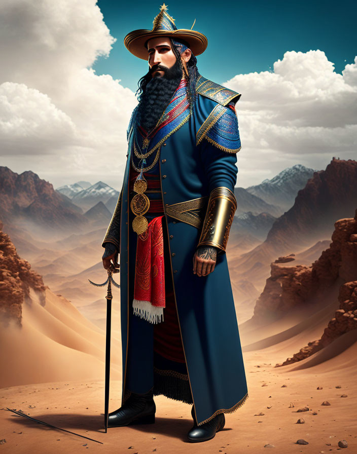 Stylized illustration of man in ornate military uniform with cane in desert setting