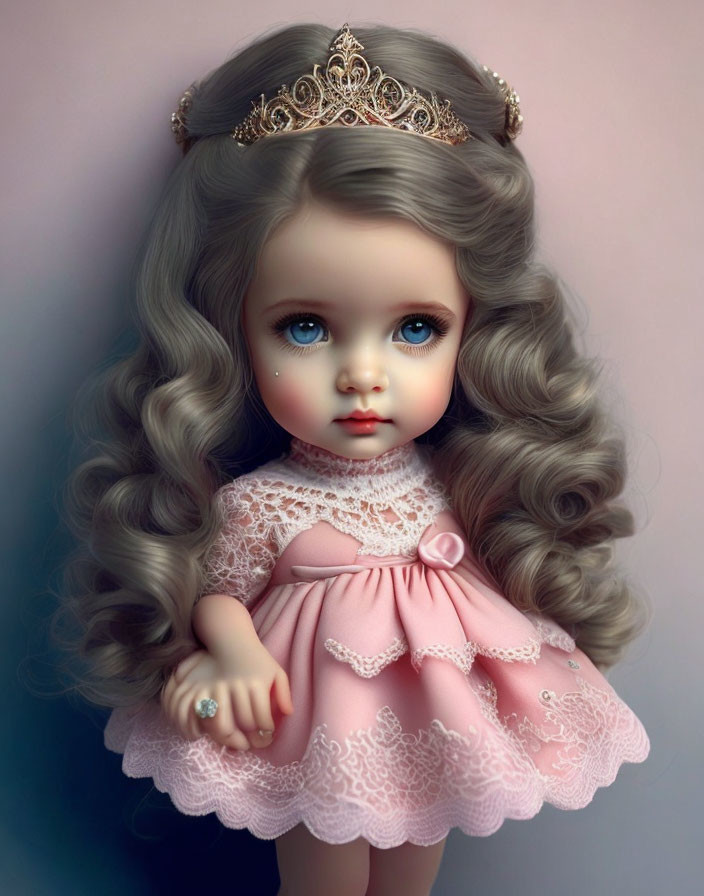 Porcelain doll with grey wavy hair in pink dress, crown, and ring