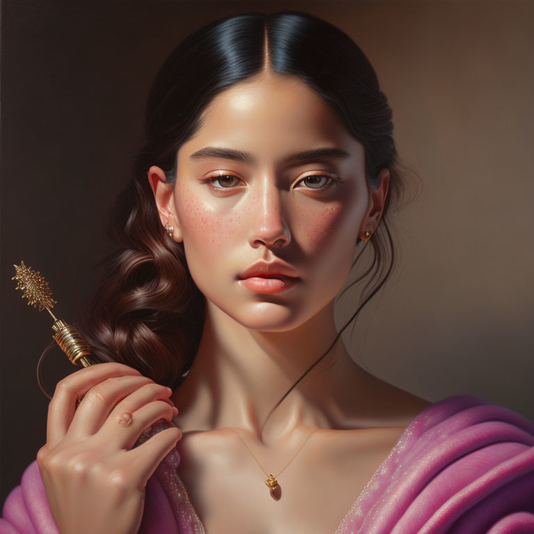 Woman in pink sweater with braid holds golden hairpin, serene expression.