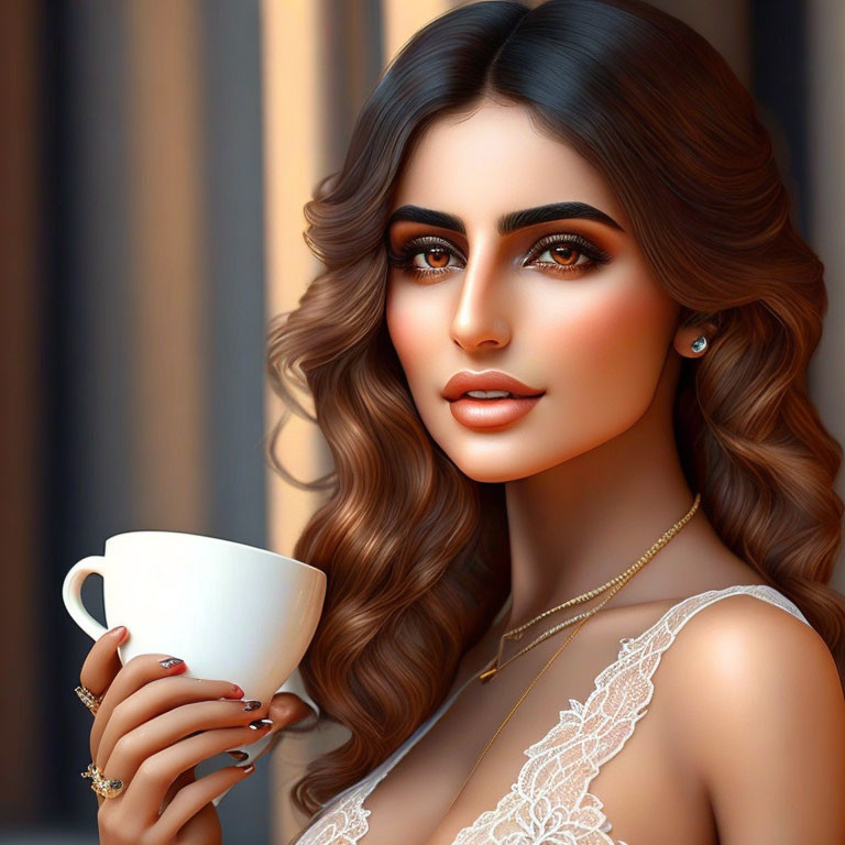 Digital art portrait of a woman with flowing brown hair and striking eyes holding a white cup