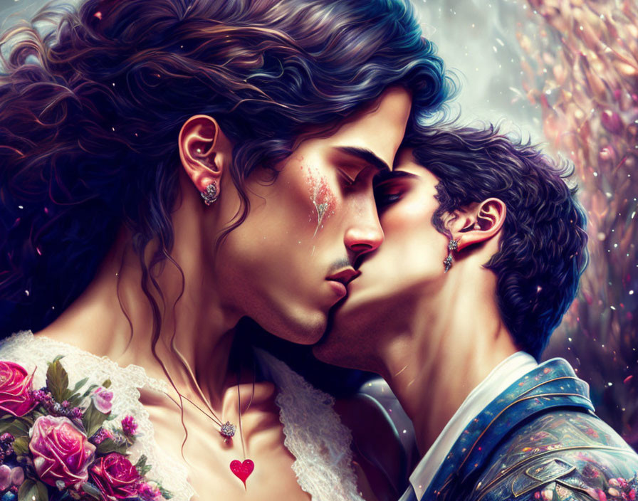 Illustrated couple sharing tender kiss in vibrant colors with bouquet and delicate jewelry