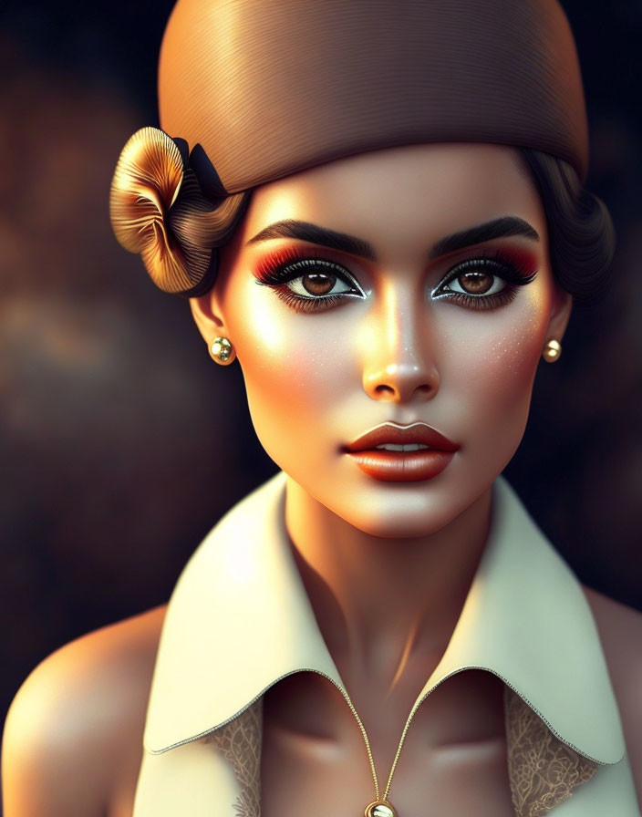 Woman with Striking Makeup and Elegant Hat in Beige Outfit