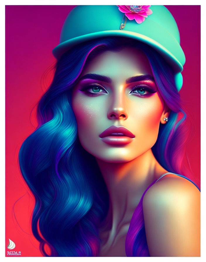 Vibrant digital artwork: Woman with blue hair and pink flower cap