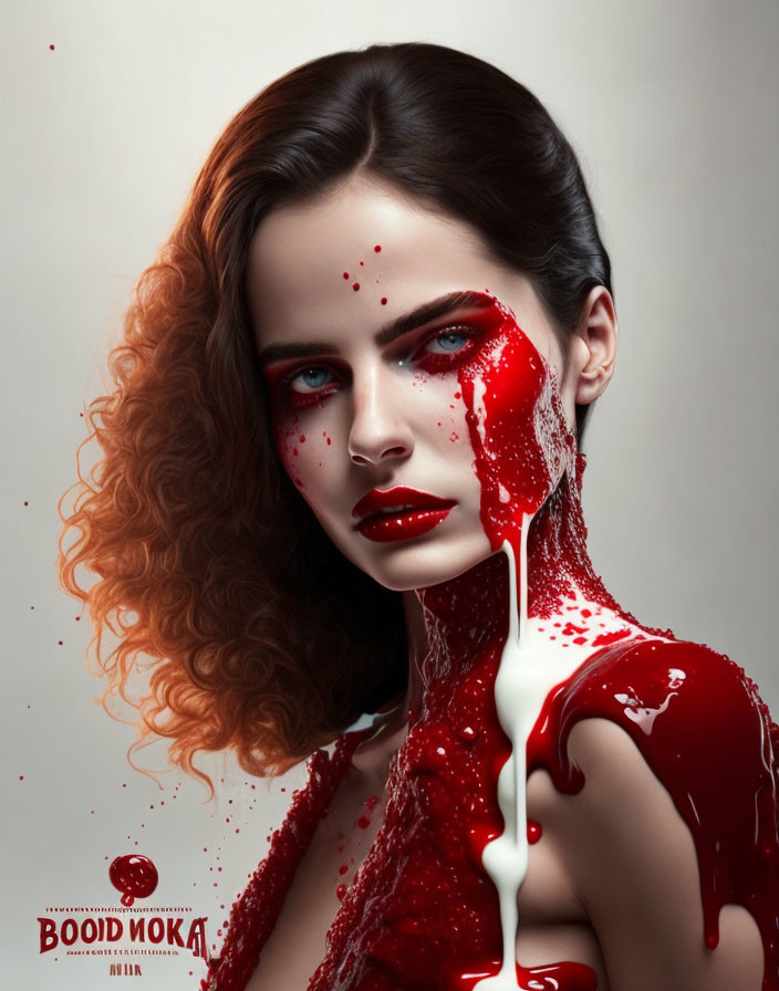 Digital artwork featuring woman with striking makeup and vibrant red splashes