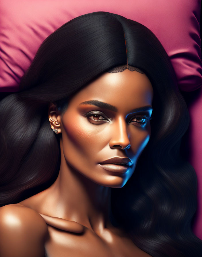 Digital Artwork: Woman with Black Hair and Striking Makeup on Pink Pillow Background