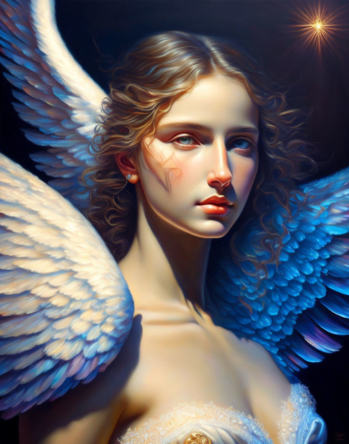 Digital artwork: Angelic figure with blue wings, fair skin, and serene expression under warm light