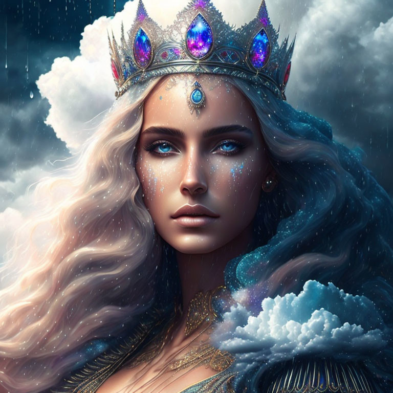 Regal woman with long wavy hair and jeweled crown under cloudy sky.