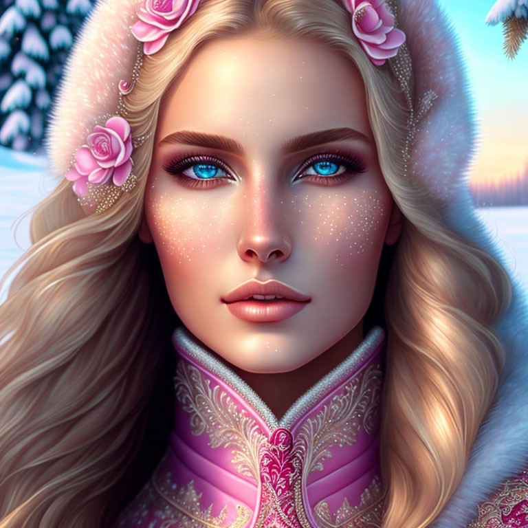 Digital portrait of a woman with icy blue eyes in winter attire with pink floral patterns.