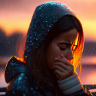 Contemplative woman in hooded jacket standing in rain at dusk