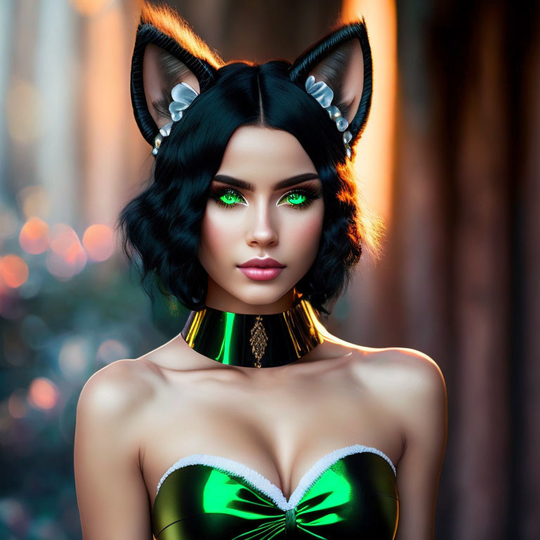 Digital art portrait of woman with cat ears and green eyes in forest setting