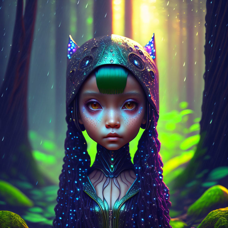 Character with Large Eyes and Cat-Eared Helmet in Mystical Forest with Glowing Lights