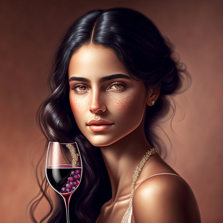 Dark-haired woman with wine glass and grapes on warm background