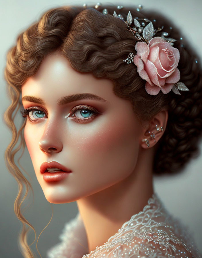 Detailed digital portrait of a woman with intricate curly hair and a pink flower accessory.