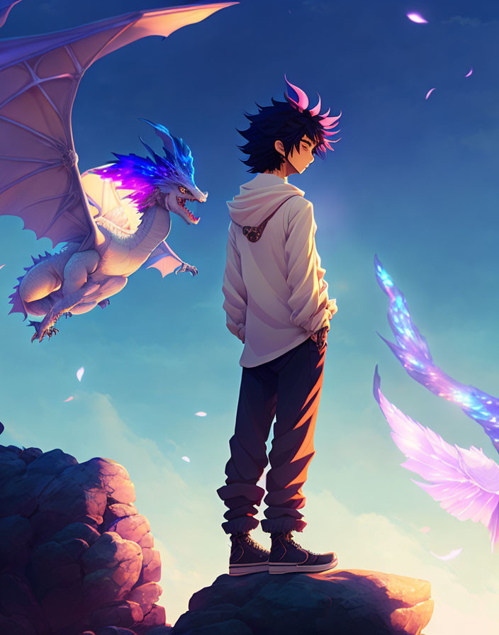 Stylized anime boy with dragon on cliff under magical sky