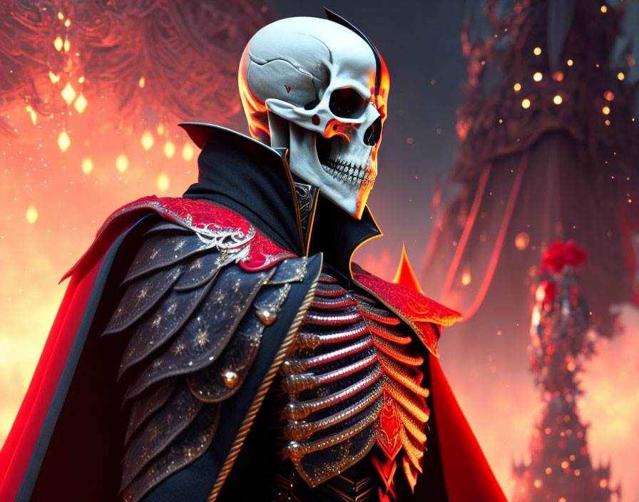 Digital art: Skeletal figure in ornate armor with red cape on fiery backdrop.