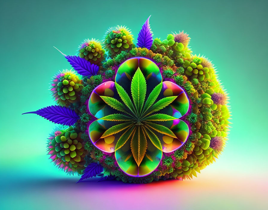 Colorful 3D Sphere with Psychedelic Patterns and Cannabis Leaves in Mossy Setting