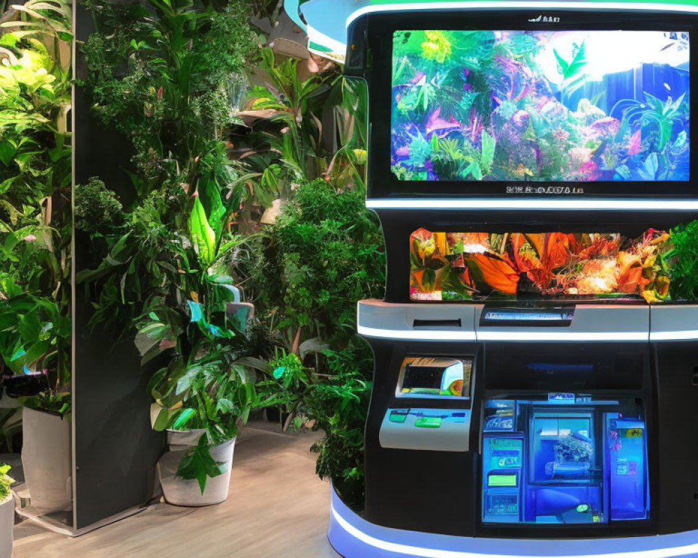 Modern ATM with indoor plants and aquariums.