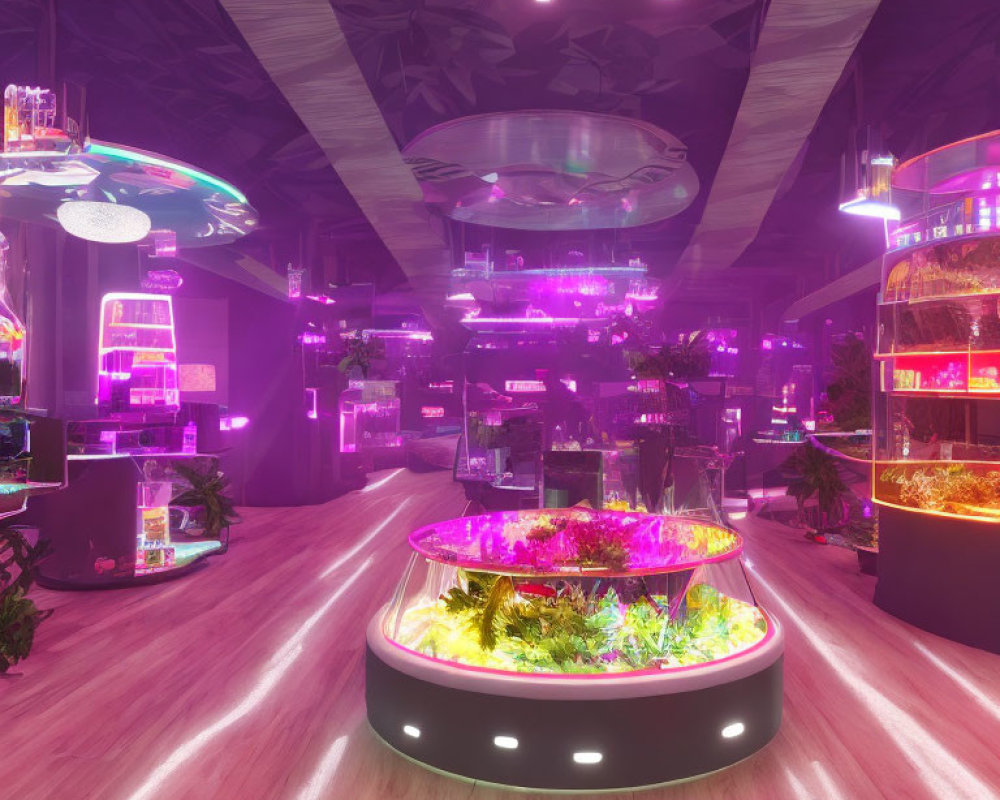 Futuristic interior design with purple lighting, mirrored ceiling, circular plant displays, and illuminated products on