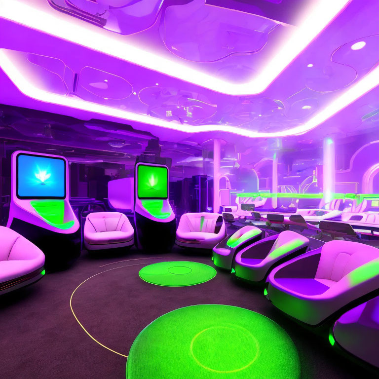 Futuristic interior with purple and green neon lighting and modern chairs.