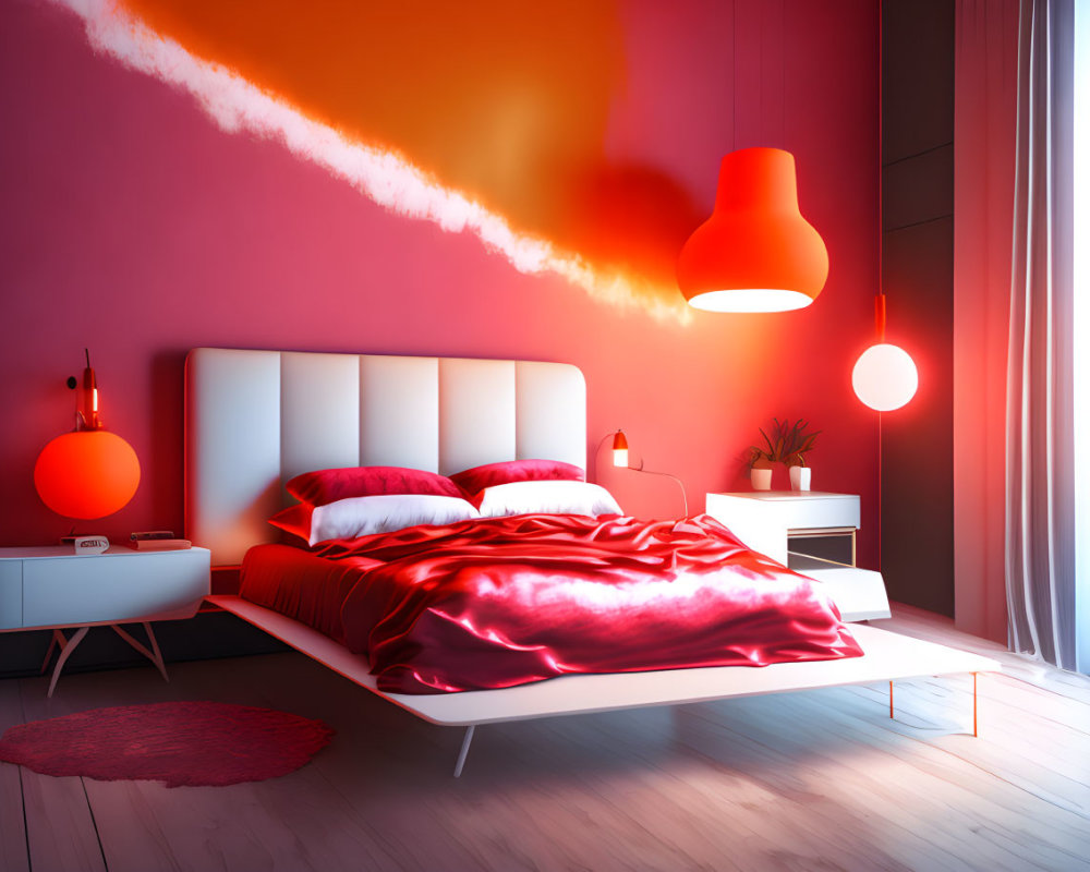 Stylish modern bedroom with red-pink glow, satin bedding, fluffy rug