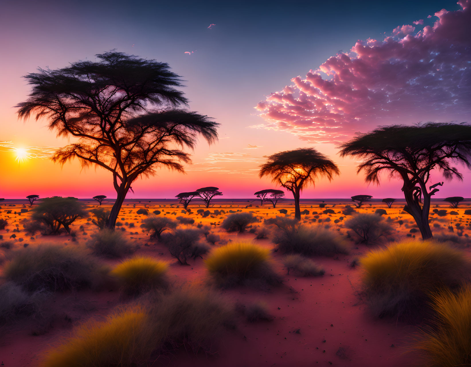 Vivid Sunrise Over Serene Desert Landscape