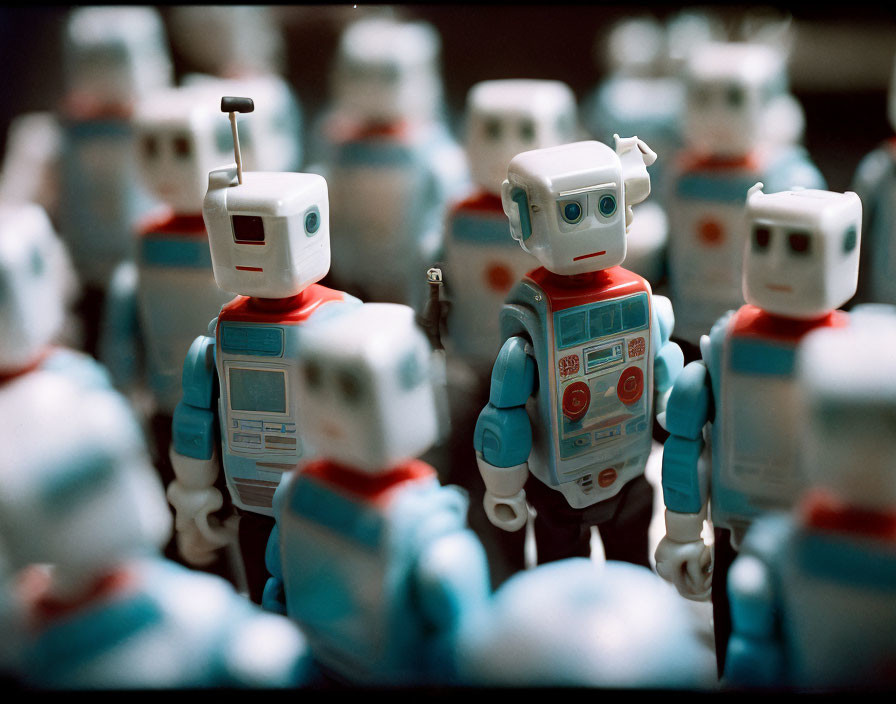 Vintage-Style Blue and White Toy Robots in Focus