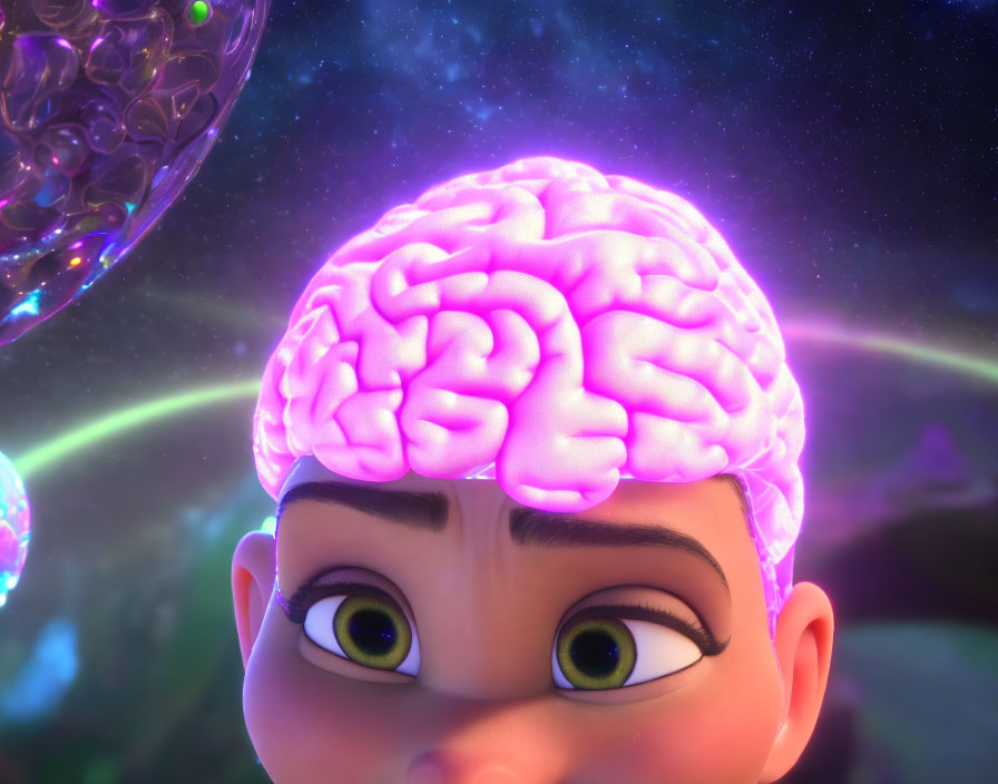 Transparent-headed animated character with glowing pink brain in cosmic background