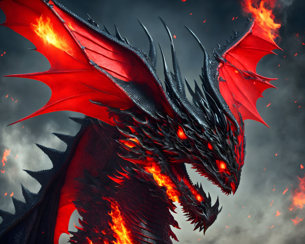 Detailed Red and Black Dragon Illustration with Glowing Eyes and Wings in Stormy Sky