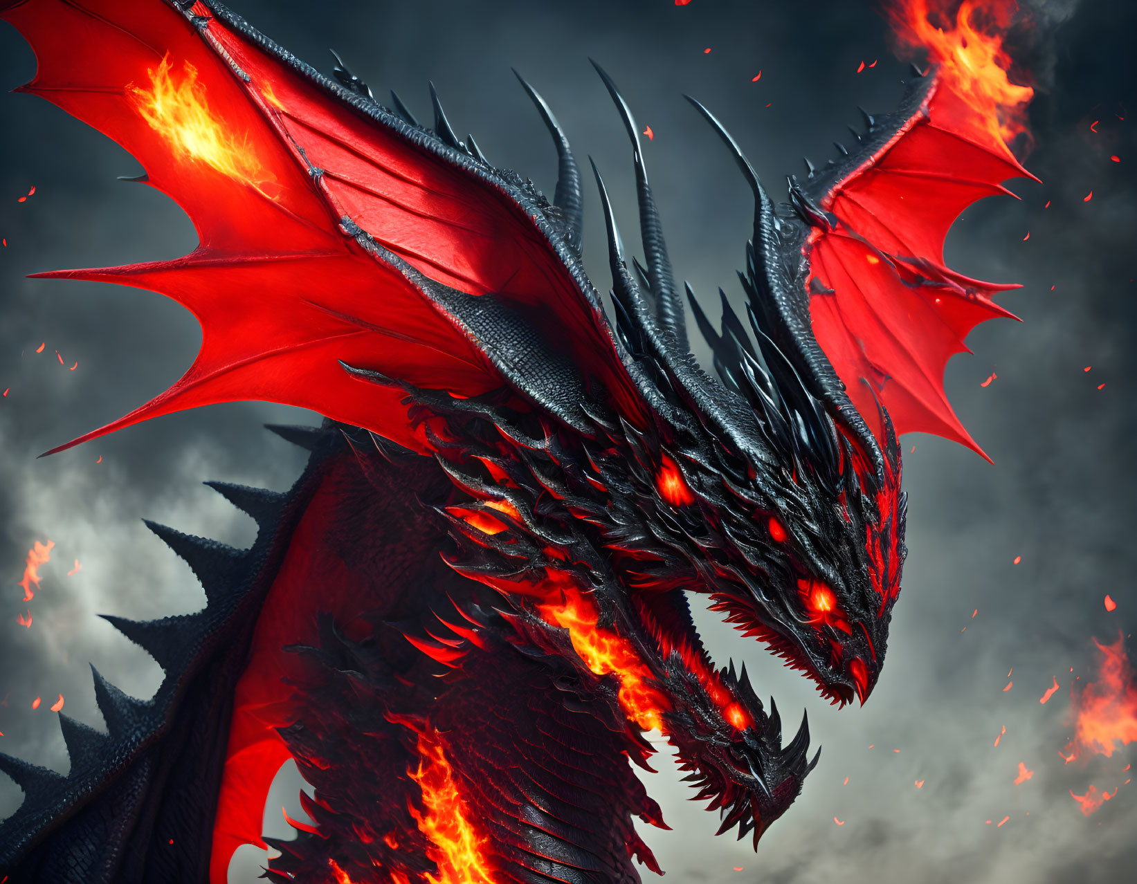 Detailed Red and Black Dragon Illustration with Glowing Eyes and Wings in Stormy Sky