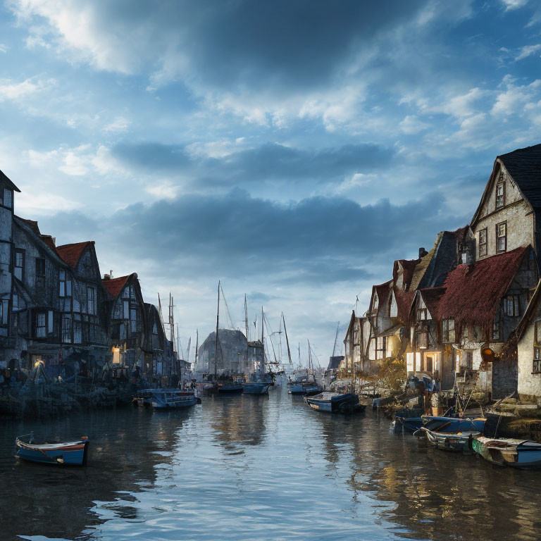 Tranquil harbor scene at twilight with moored boats and old houses