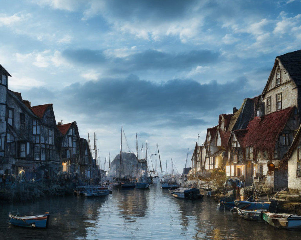 Tranquil harbor scene at twilight with moored boats and old houses