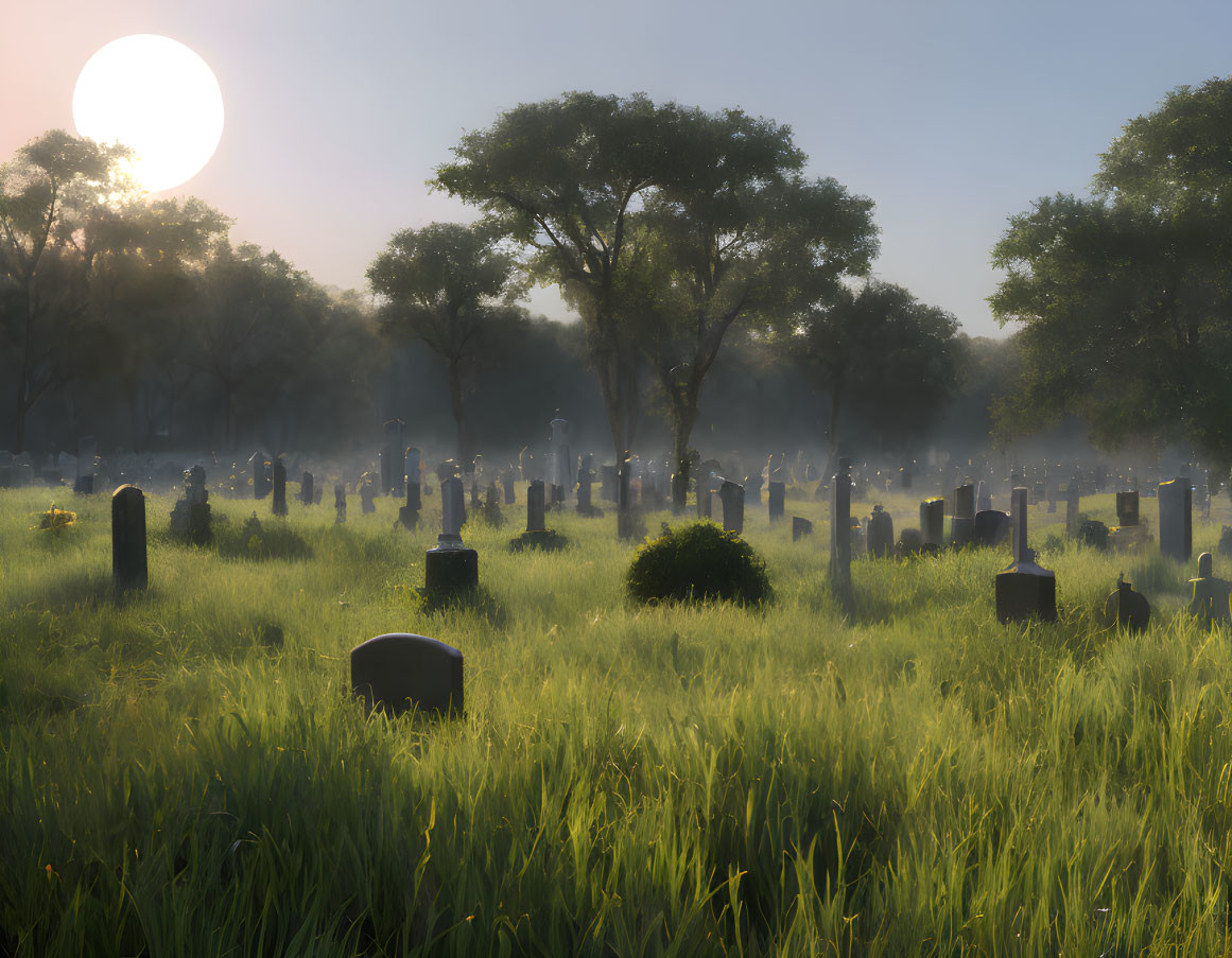 Sunrise scene in cemetery with soft light on tombstones