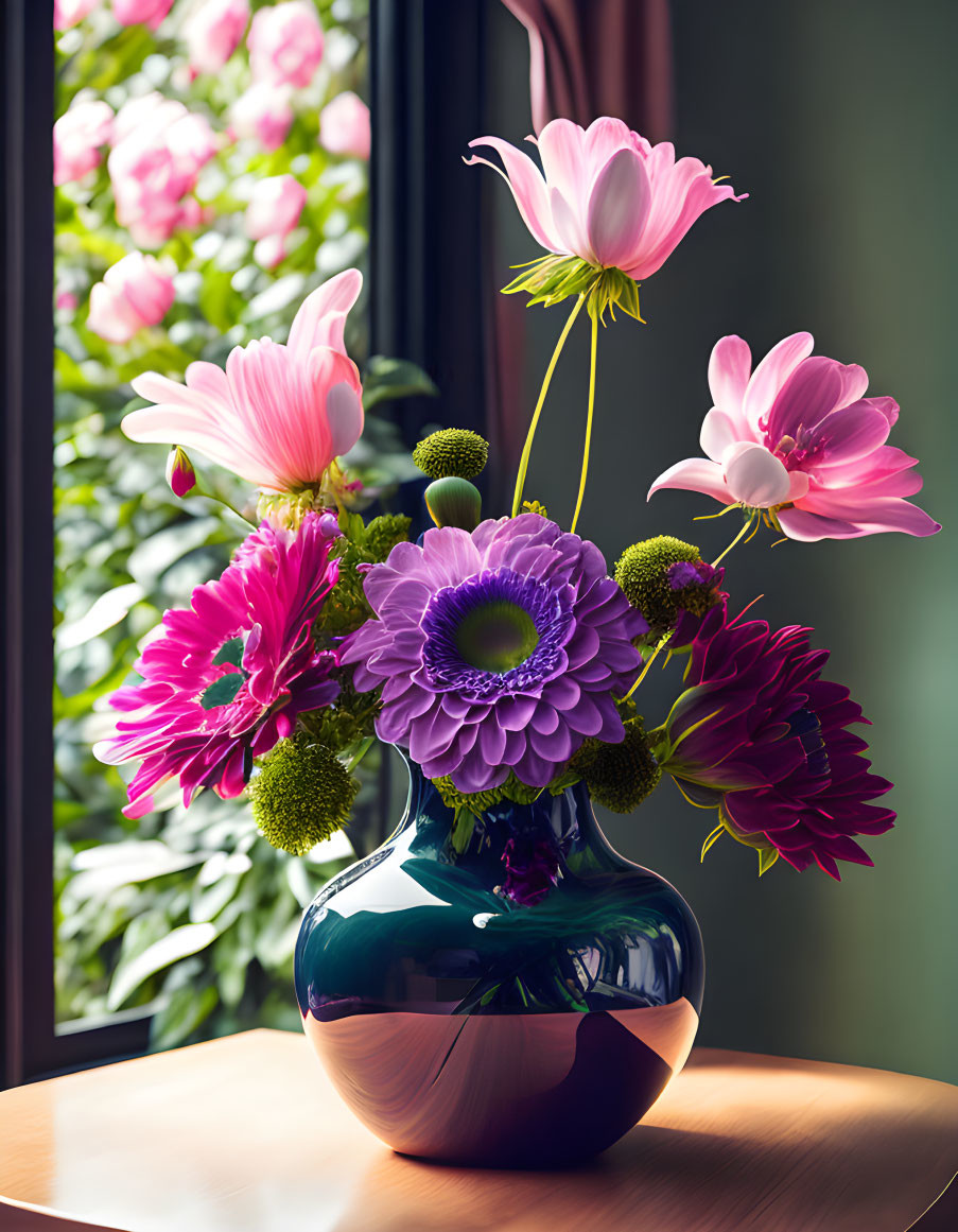 Colorful Pink and Purple Flower Bouquet in Green Vase on Wooden Table with Blossoming Trees View