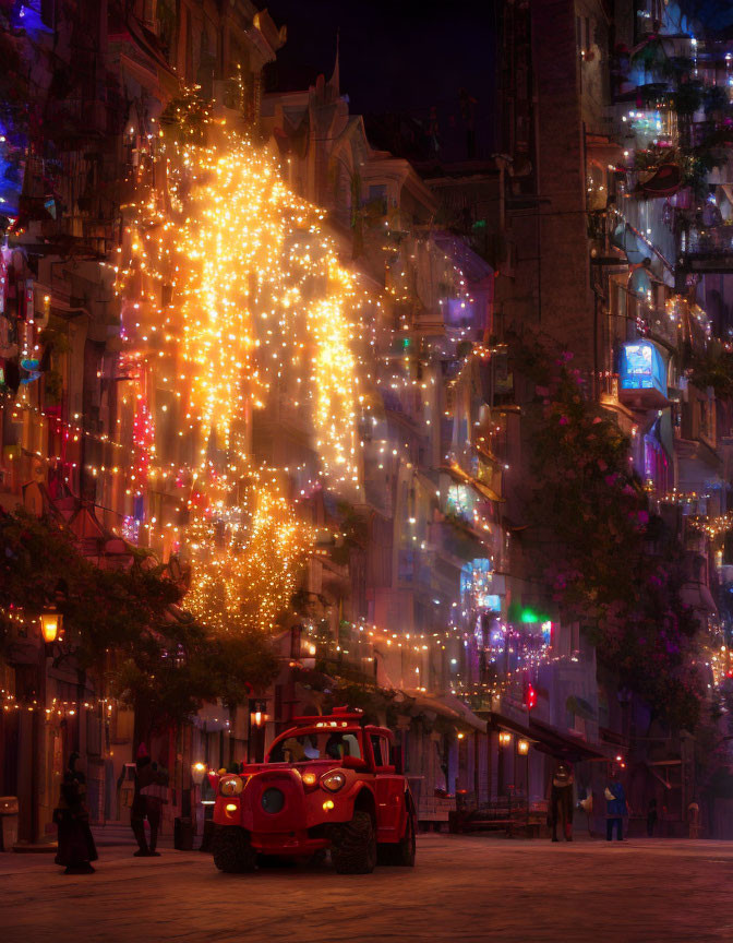 Vintage Red Car Decorated with Lights on Festive Street at Twilight