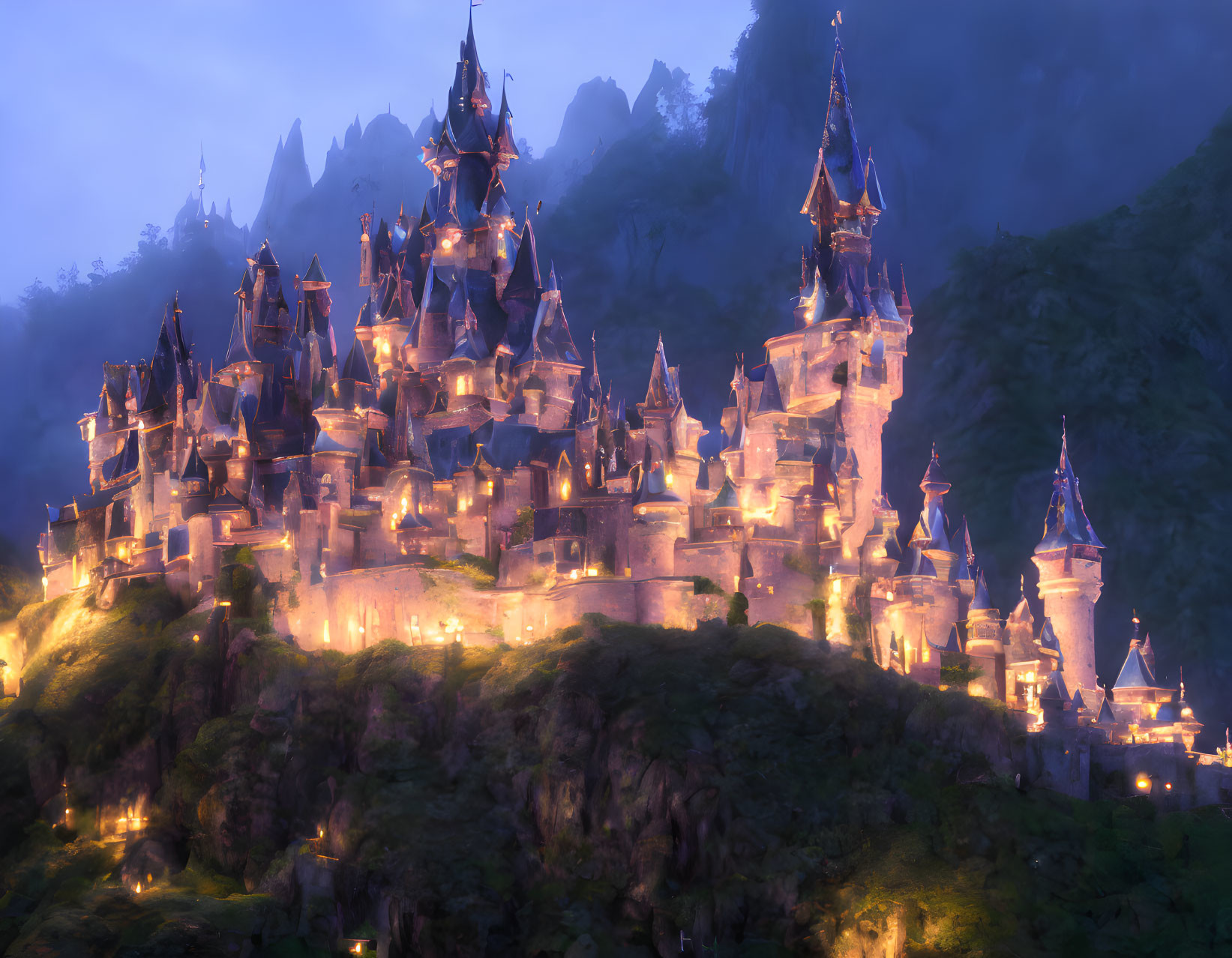 Enchanted castle on misty hill with illuminated windows at twilight