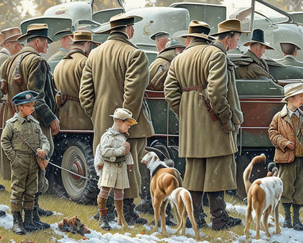 Historical Military Uniforms, Classic Cars, Dogs: Vintage Mid-20th-Century Scene