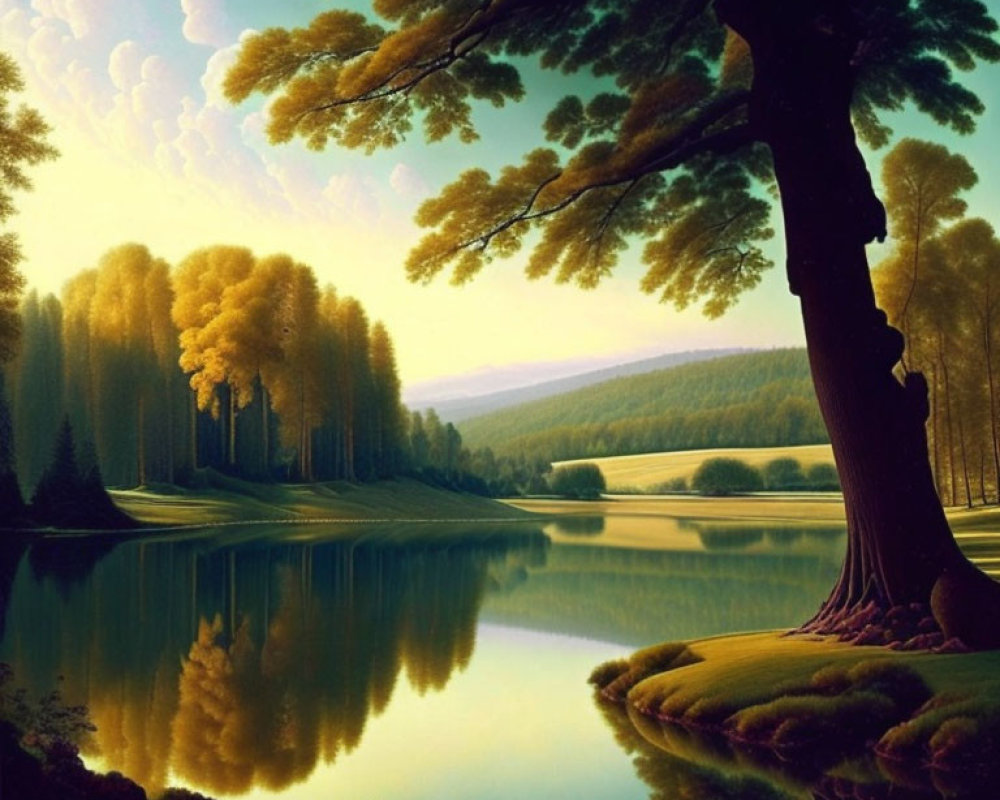 Tranquil landscape with golden trees reflected in serene lake