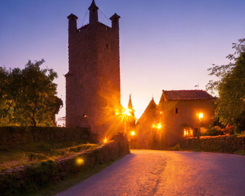 Ancient Stone Tower Over Cobblestone Pathway at Twilight