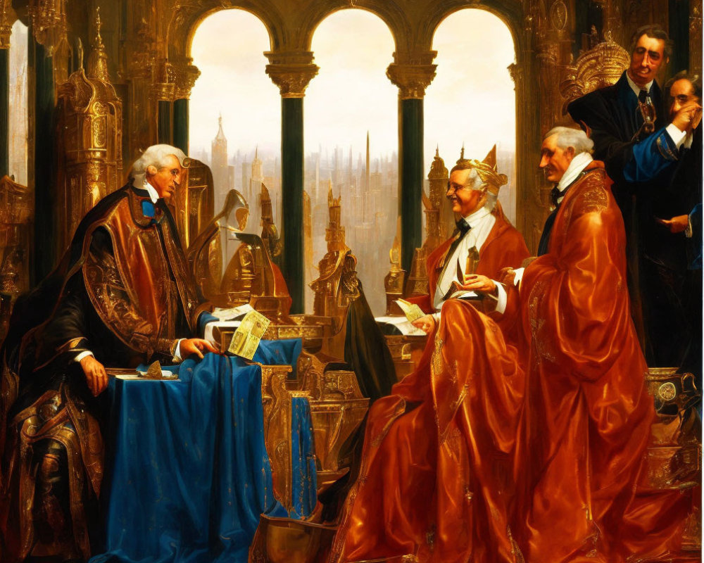 Luxurious interior with men in robes, one in blue cloak, another reading, and cityscape view