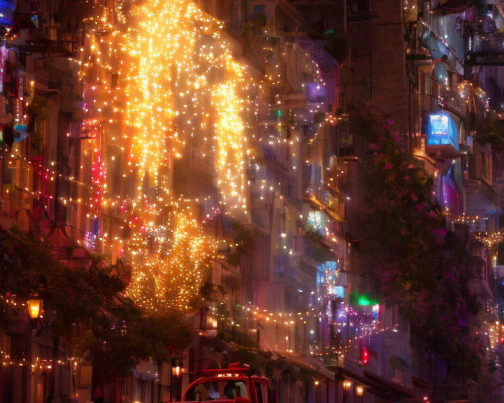 Vintage Red Car Decorated with Lights on Festive Street at Twilight