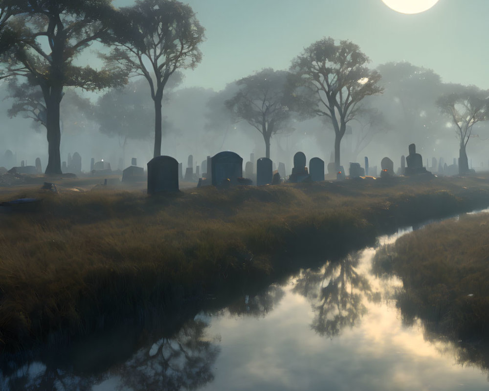 Full Moon Over Misty Graveyard: Dusk Reflections of Trees and Tombstones