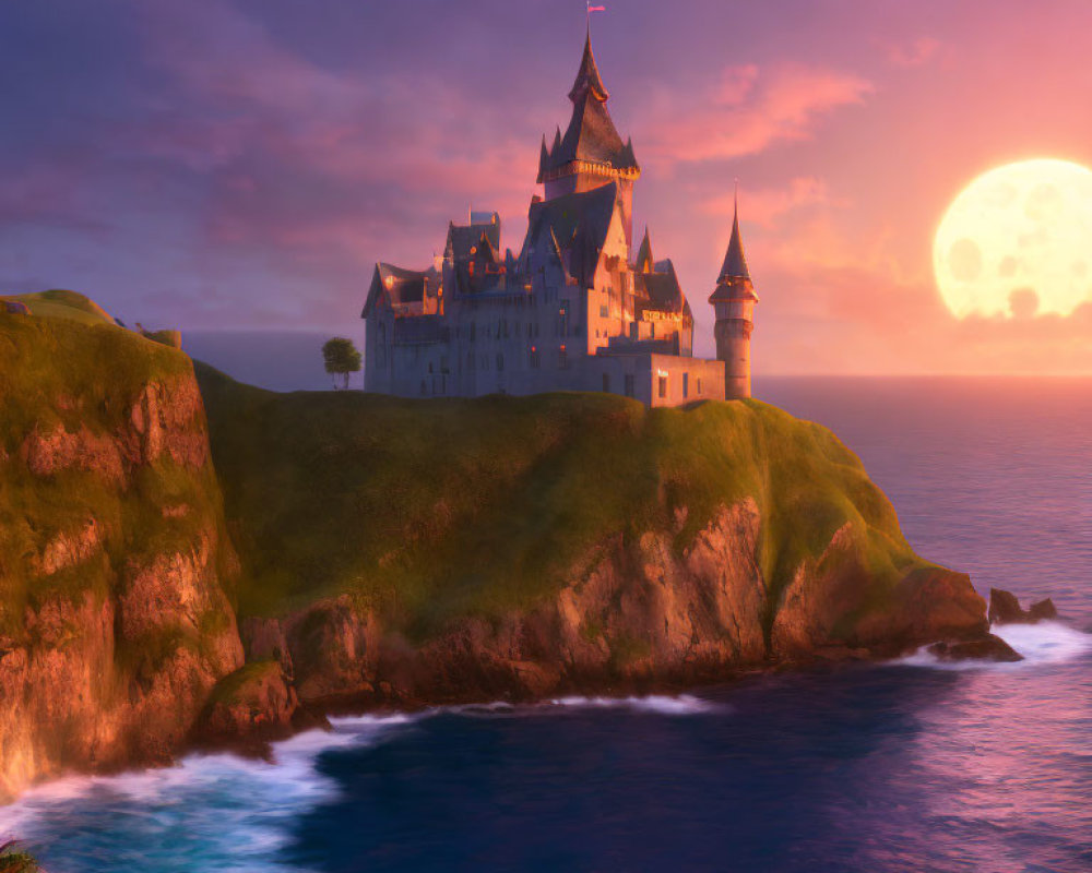 Castle on Cliff Overlooking Sea at Twilight with Full Moon