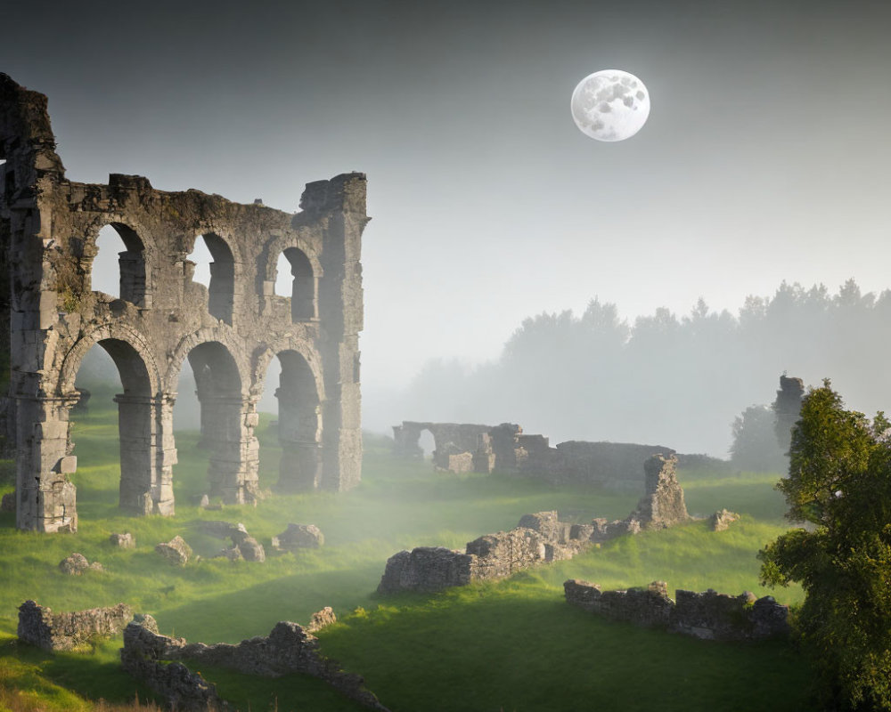 Ancient stone structure ruins in misty field under full moon