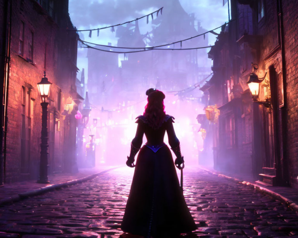 Victorian woman in cobblestone alley under twilight sky with glowing lanterns and ominous castle